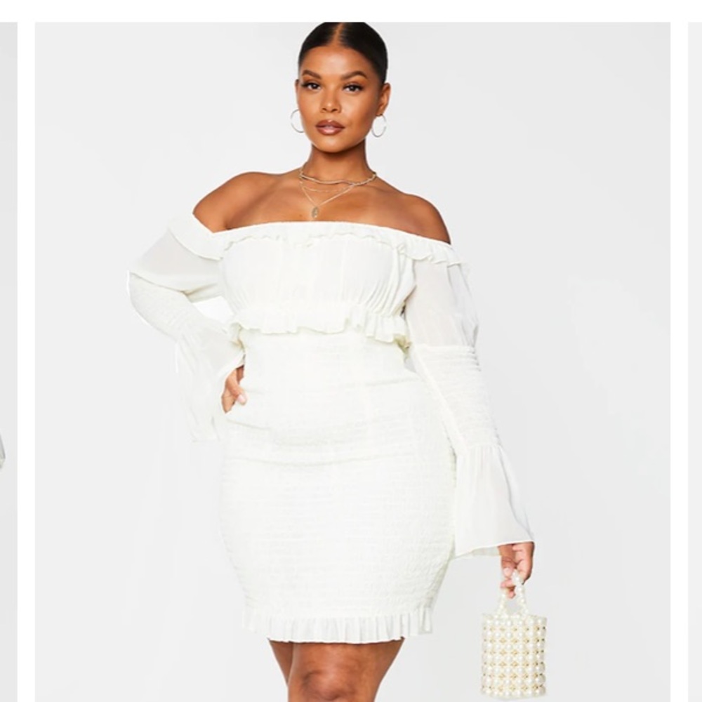 Plus Cream Chiffon Shirred Bodycon Dress